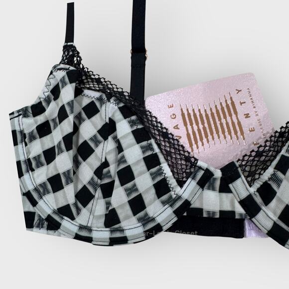 Savage X Fenty Gingham Remix Unlined Plunge Bra | 32B Black White Sexy Lingerie - Picture 4 of 8
